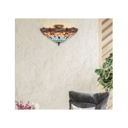 Dragonfly  Semi-Flush - Antique Brass Metal & Stained Glass