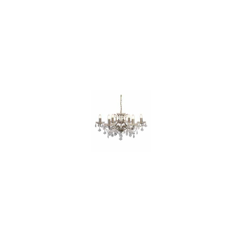 Paris  6Lt Chandelier - Antique Brass Metal & Clear Crystal