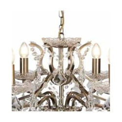 Paris  6Lt Chandelier - Antique Brass Metal & Clear Crystal